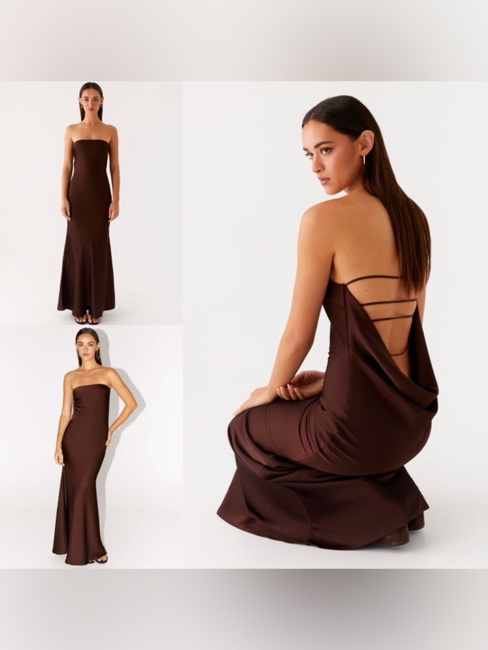 NWT Peppermayo Strapless Brown Satin Maxi Cocktail Dress Sz L